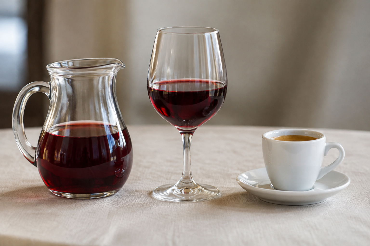 Un pichet de vin rouge, un verre de vin et une tasse de café sur sa soucoupe, posés sur une nappe claire.