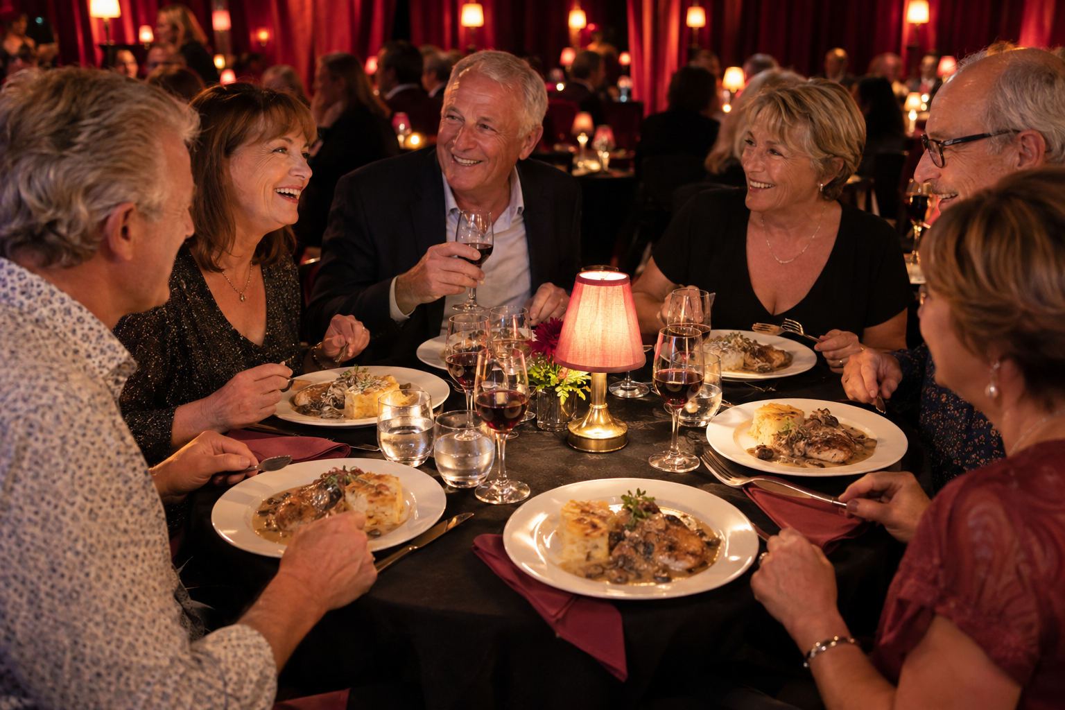 Visuel d’ambiance d’un déjeuner convivial : groupe de personnes souriantes autour d’une table garnie, rideaux rouges et petites lampes dans un décor de cabaret.