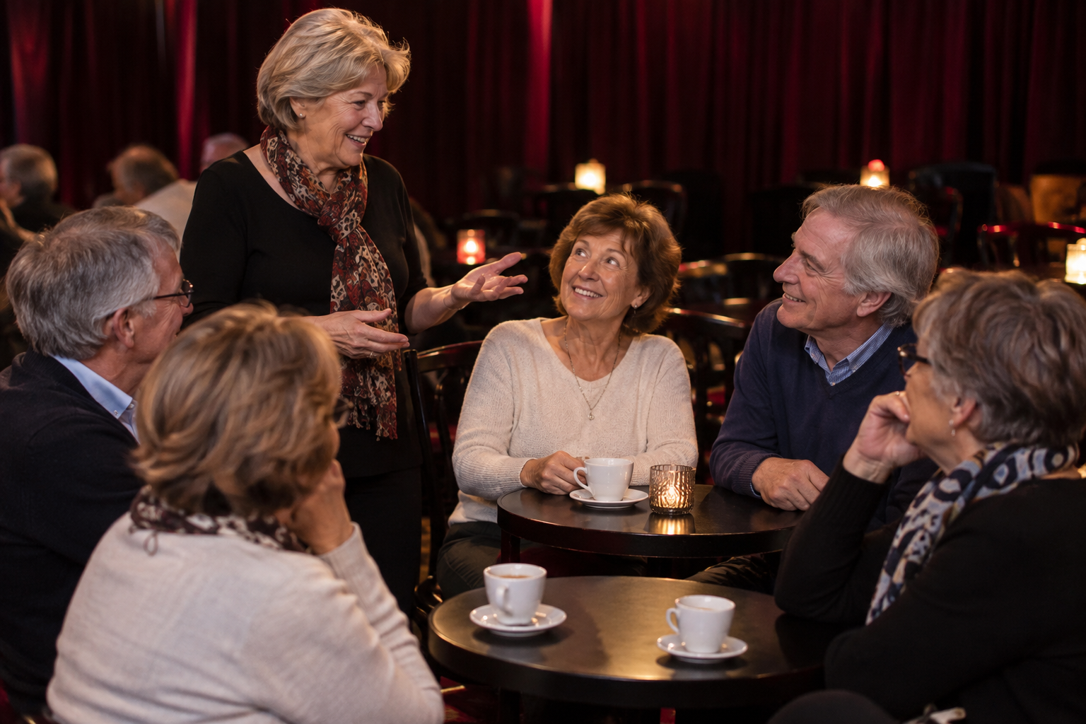 Visuel d’une rencontre conviviale dans une ambiance cabaret : une femme debout échange avec un groupe assis autour de petites tables avec des tasses de café, devant des rideaux rouges.