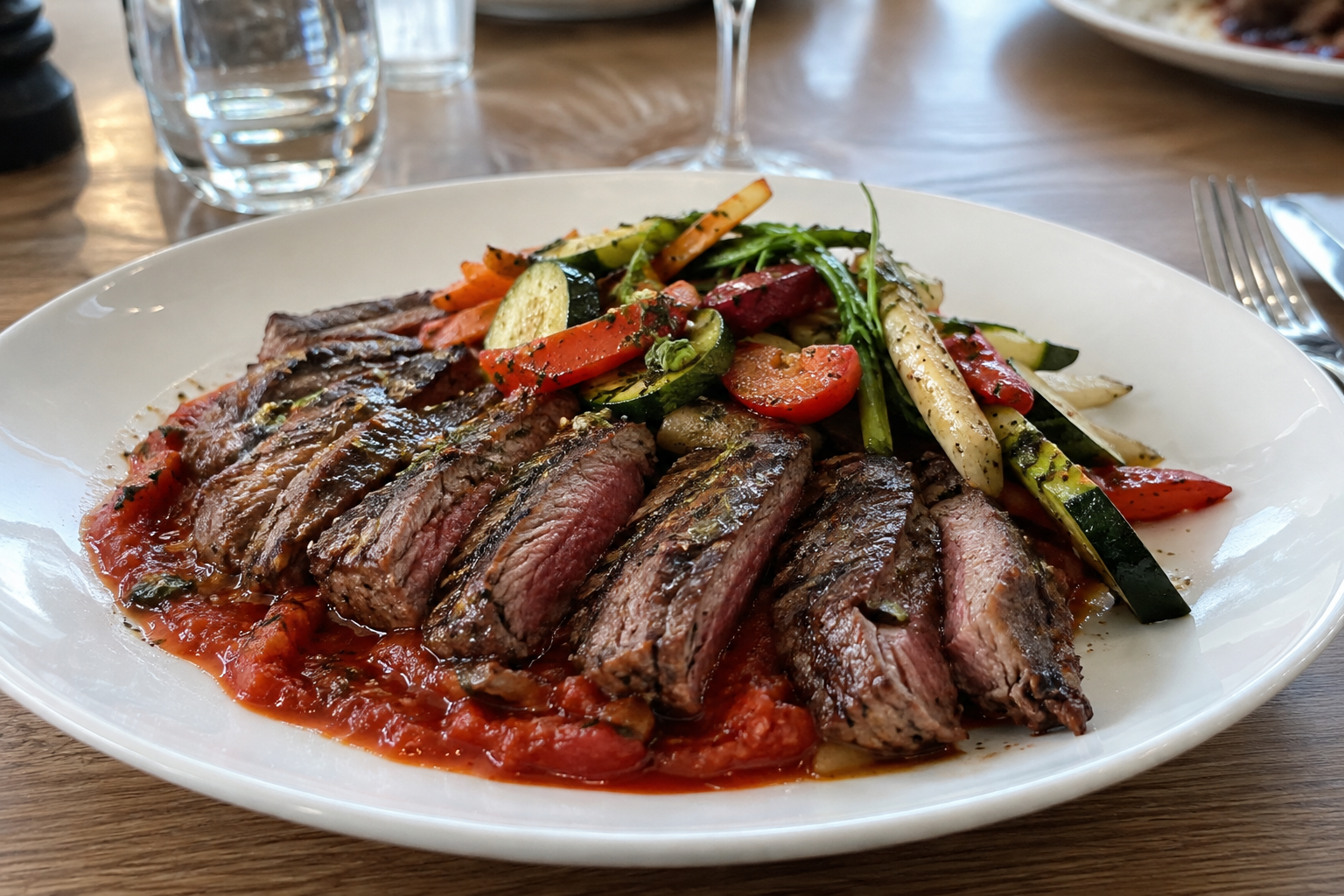 Tagliata de bœuf, sauce arrabbiata et croquants de légumes